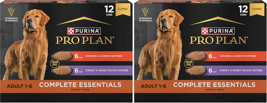 Purina Pro Plan Wet Dog Food Grain Free Complete Essentials Variety Pack,Chicken and Carrots and Turkey-and Sweet Potato Entrees - 13 oz. Cans,(Pack of 24)
