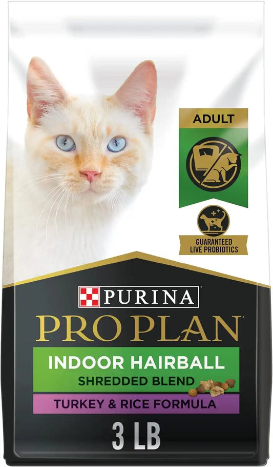 Purina Pro Plan Hairball Management, Indoor Cat Food, Shredded Blend Turkey and Rice Formula - 3 lb. Bag