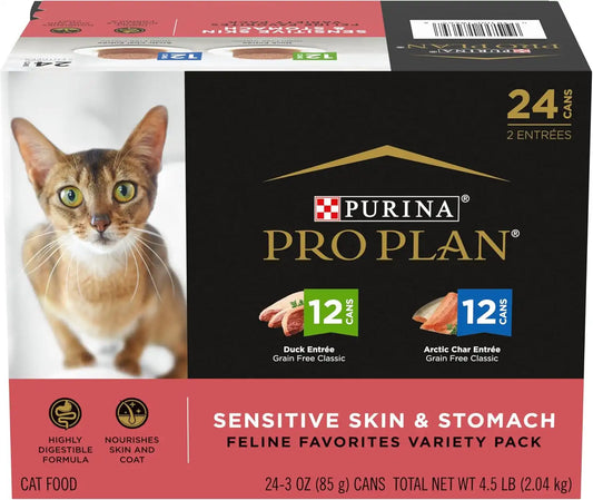 Purina Pro Plan Sensitive Skin & Stomach Cat Food Variety, (24) 3 oz Cans