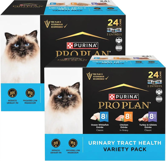 Purina Pro Plan Urinary Cat Food Wet Variety Pack Urinary Tract Health Ocean Whitefish,Chicken,Turkey and Giblets - 3 oz. Cans,(Pack of 48)