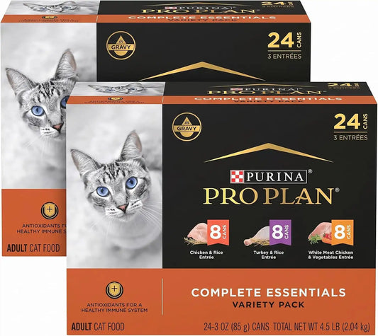 Purina Pro Plan Gravy,High Protein Wet Cat Food Variety Pack,Complete Essentials Chicken and Turkey Favorites - 3 oz. Cans,(Pack of 48)